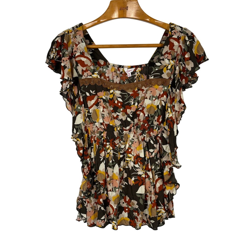 Candie's Floral Flutter Sleeve Rayon Top Womens Medium Boho Cottagecore Peasant